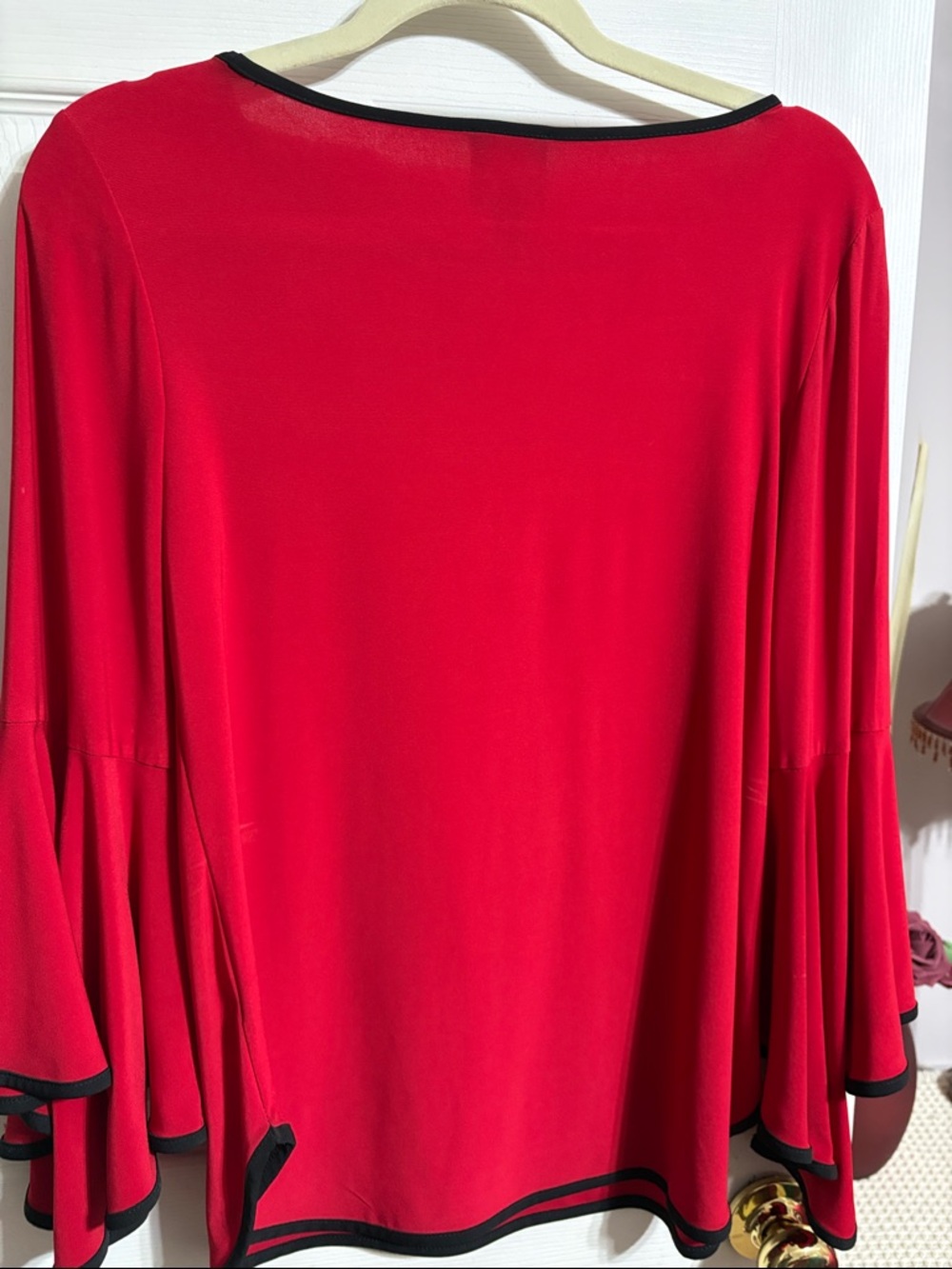 Coco Bianco Red Bell Sleeve Blouse with Black Trim - Picture 3 of 3